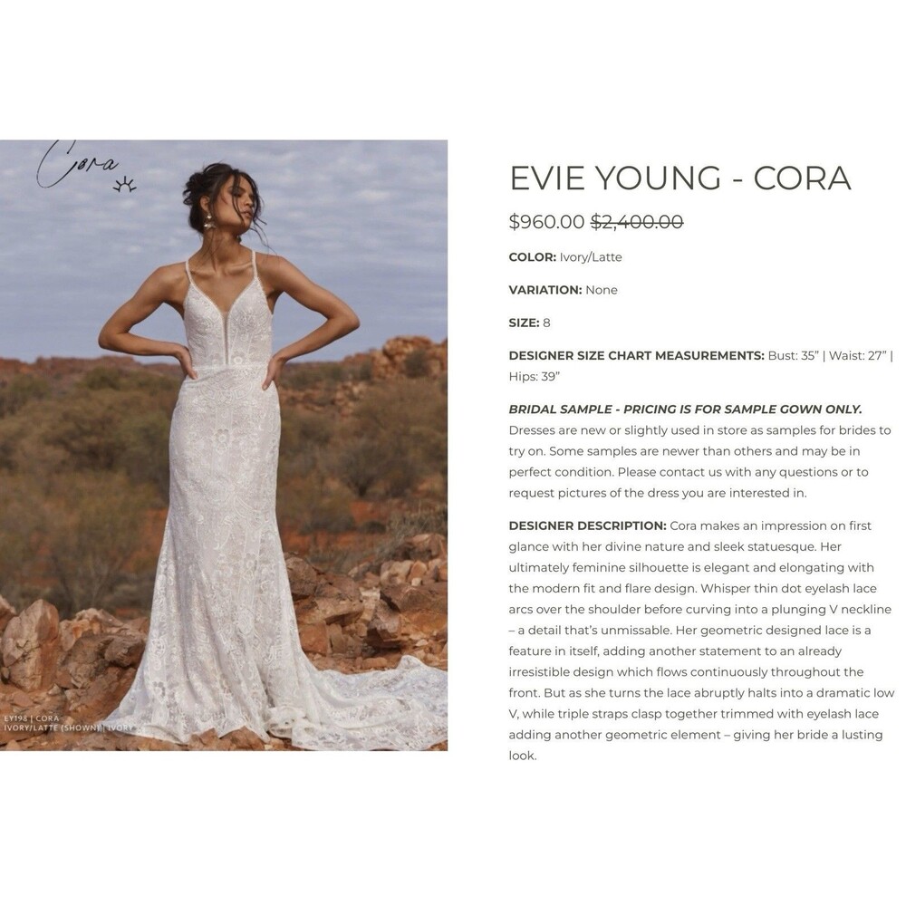 EVIE YOUNG Wedding Gown-Cora-Size 8-NWOT-Sample